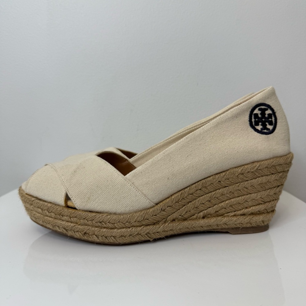 Tory Burch Filipa Canvas Criss Cross Espadrille Wedge Sandal Size 10 Cream Tan - Picture 3 of 15